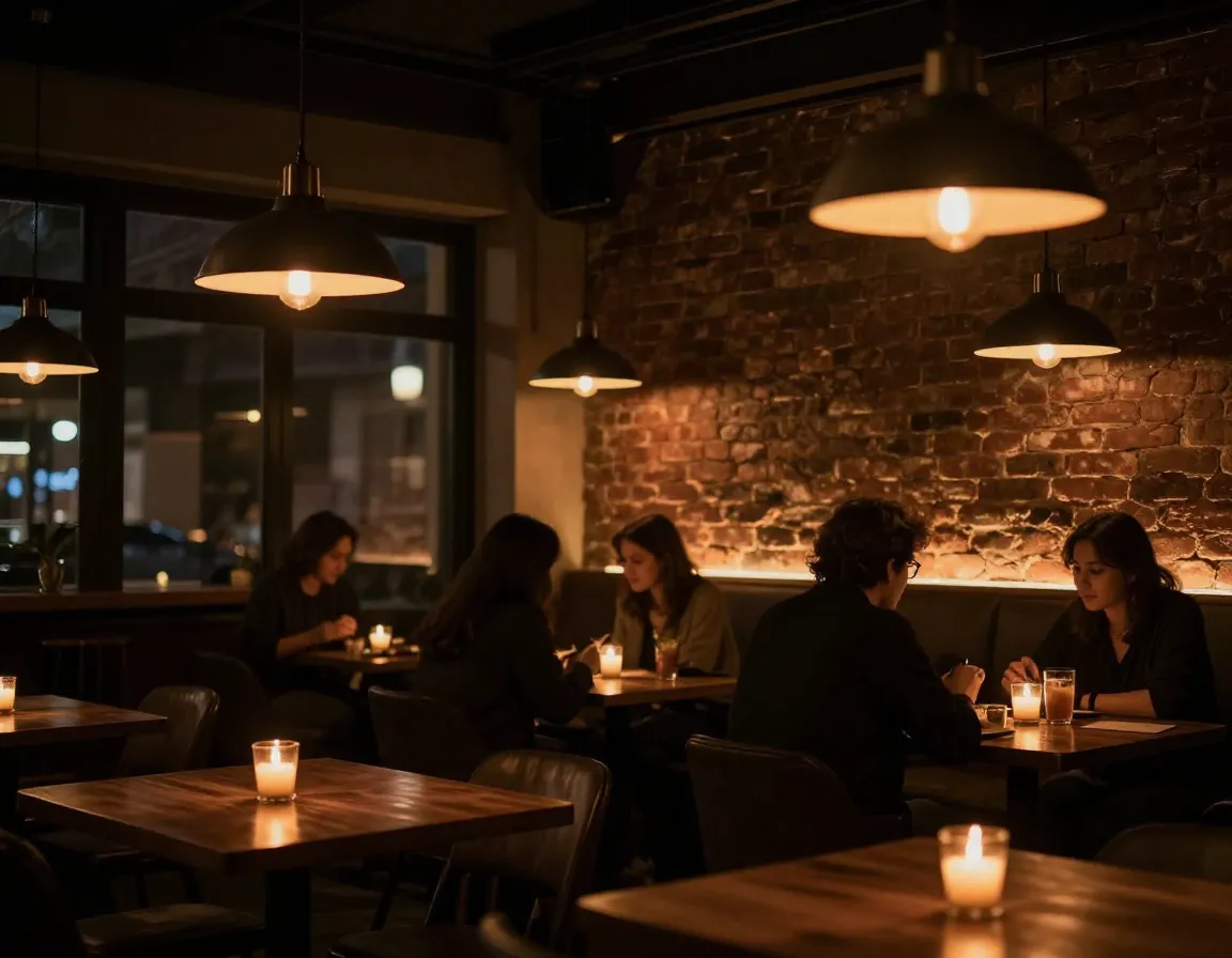 Cafe interior with layered dimmable lighting and pendant lamps at evening