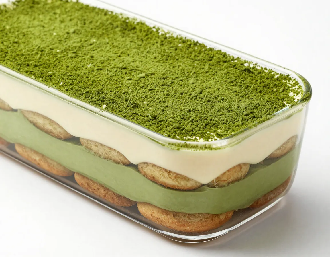 Layered matcha tiramisu dessert in clear glass serving dish