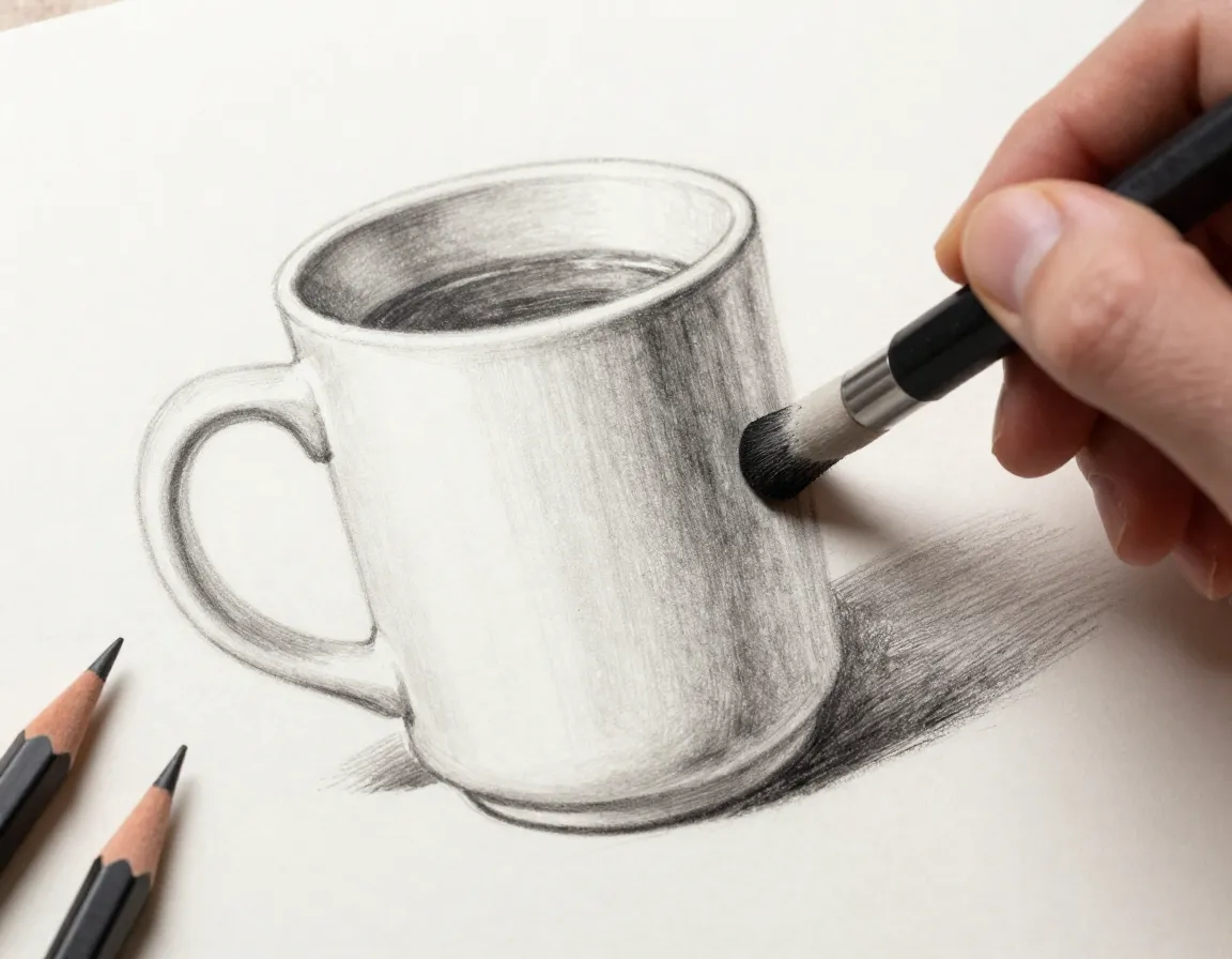 Applying gradual shading to a coffee mug drawing with a blending stump