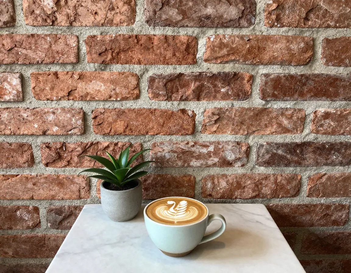 Cafe corner with exposed brick wall and artistic latte art display