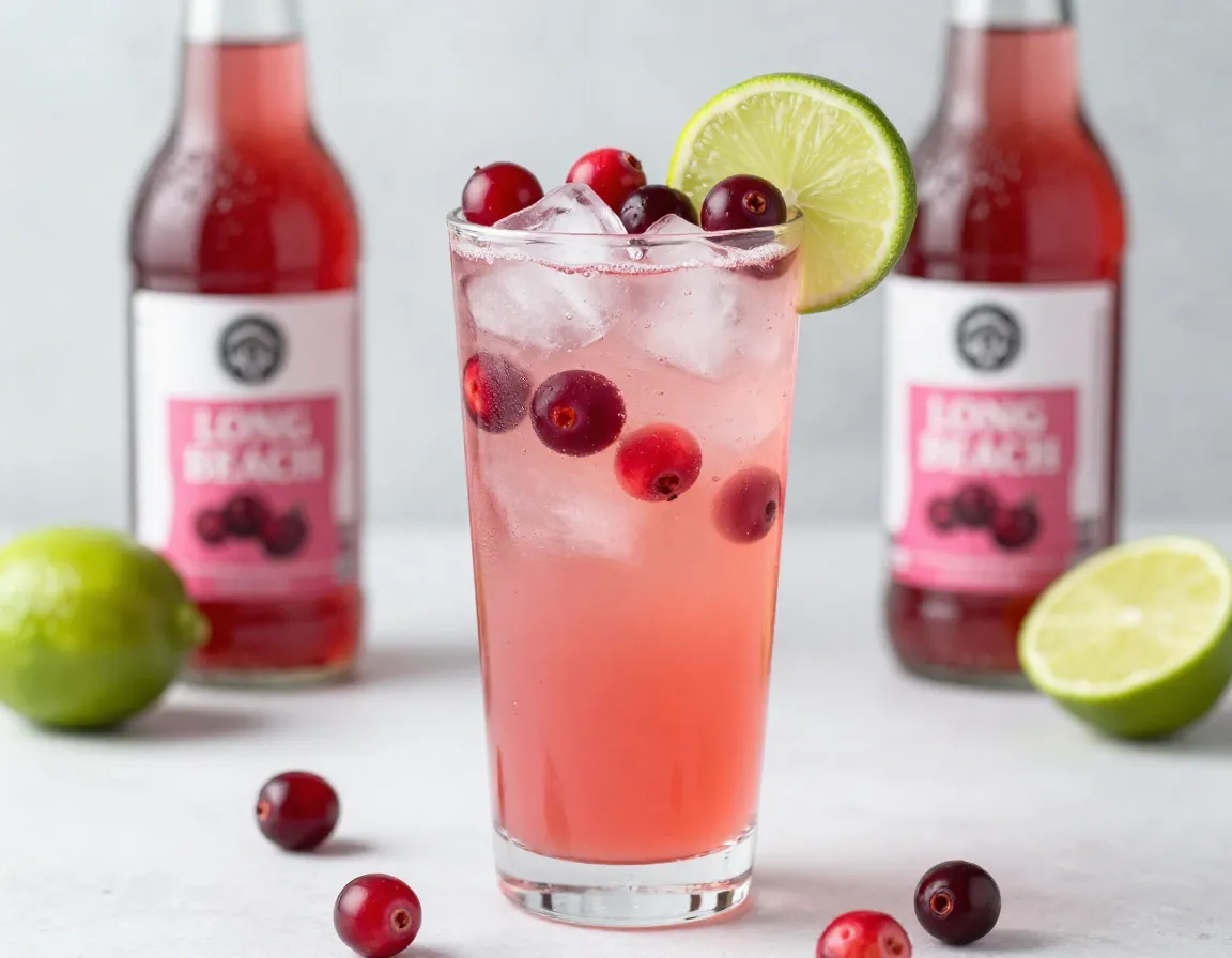 Pink cranberry long beach iced tea with fresh cranberries and lime