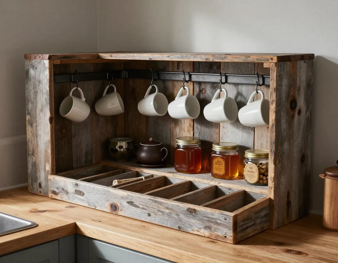 Reclaimed barn wood tea station with mugs and accessories on counter