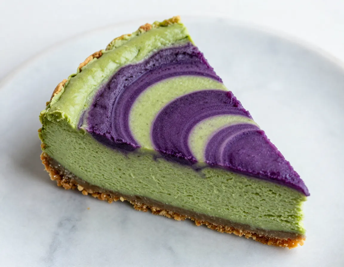Swirled matcha ube cheesecake slice on marble plate