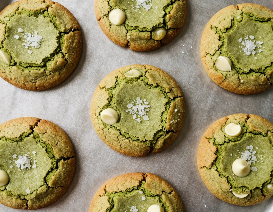 Fresh baked matcha white chocolate cookies with sea salt