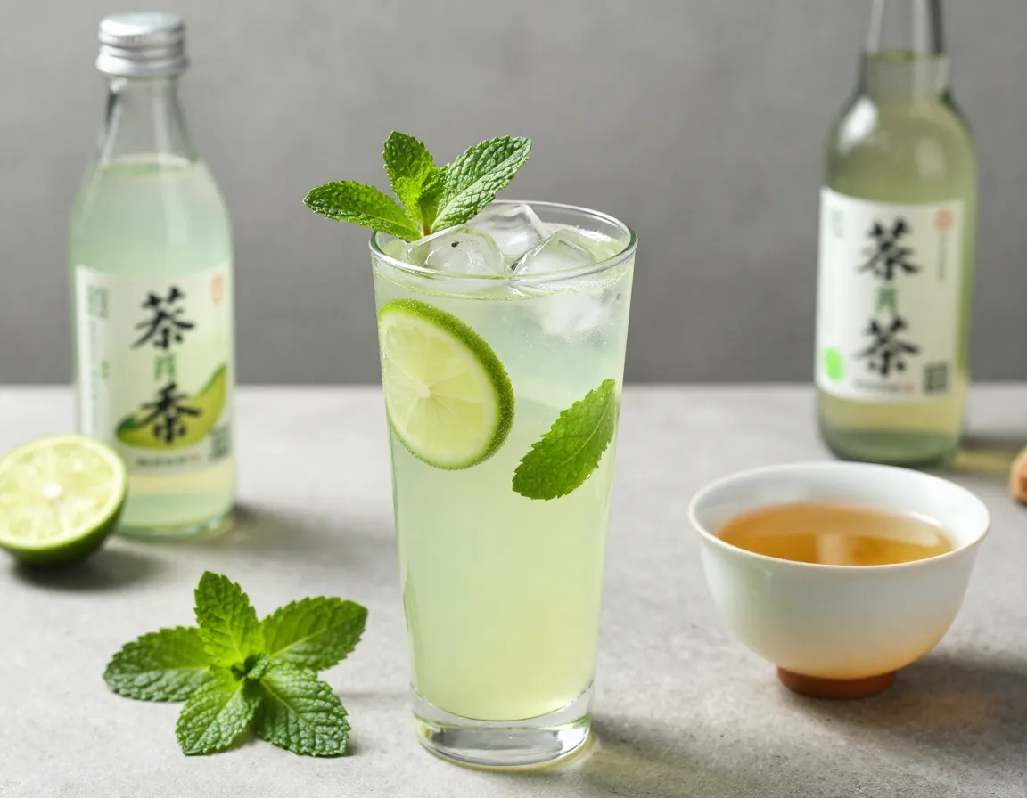 Green tea honey and melon liqueur cocktail with ginger ale top