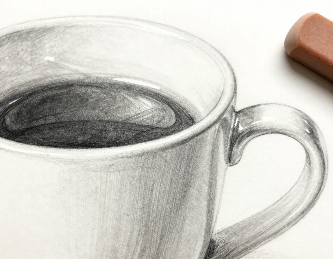 Refining a coffee mug drawing with detailed rim and highlight textures