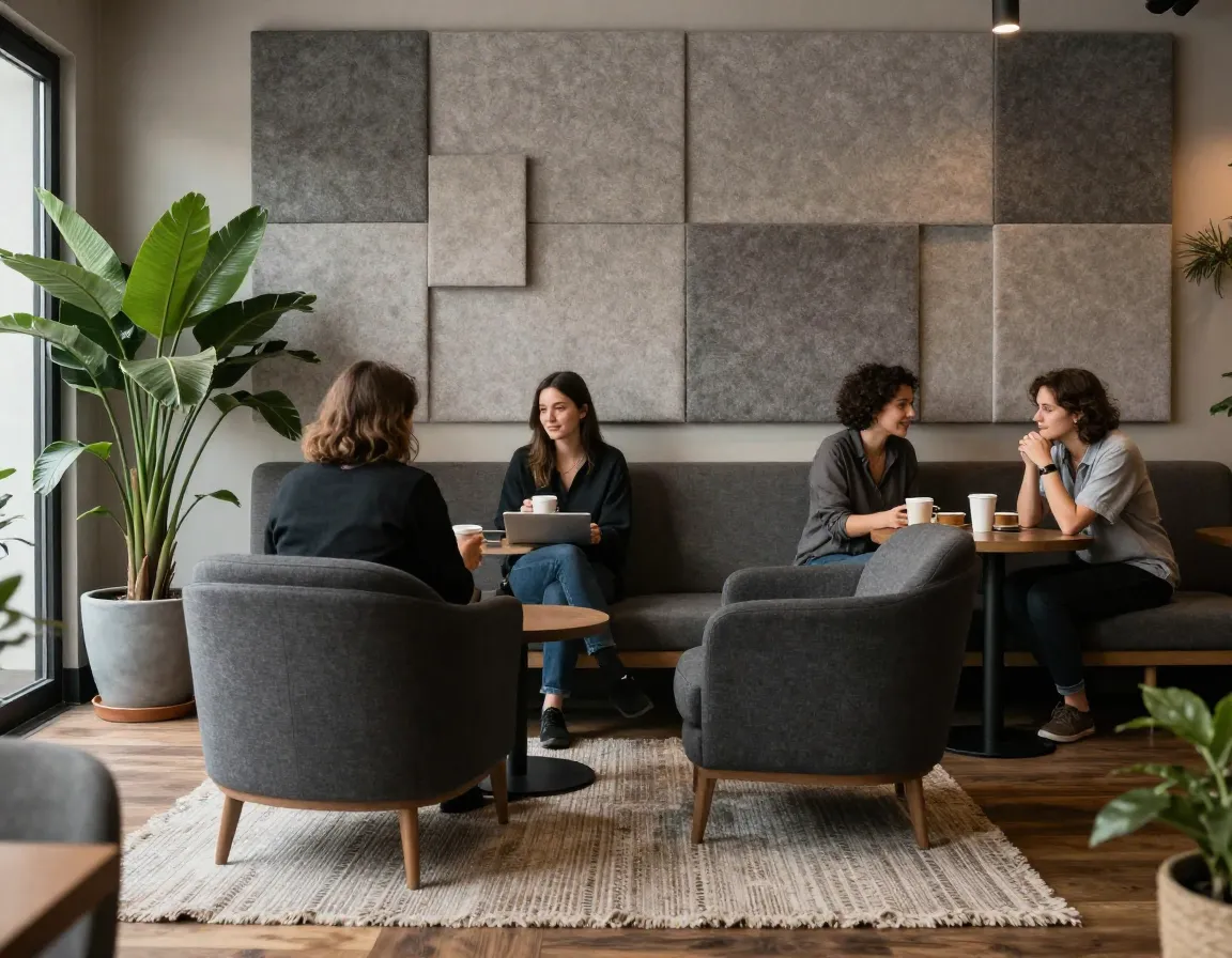 Cafe interior with upholstered seating and sound absorbing textile panels
