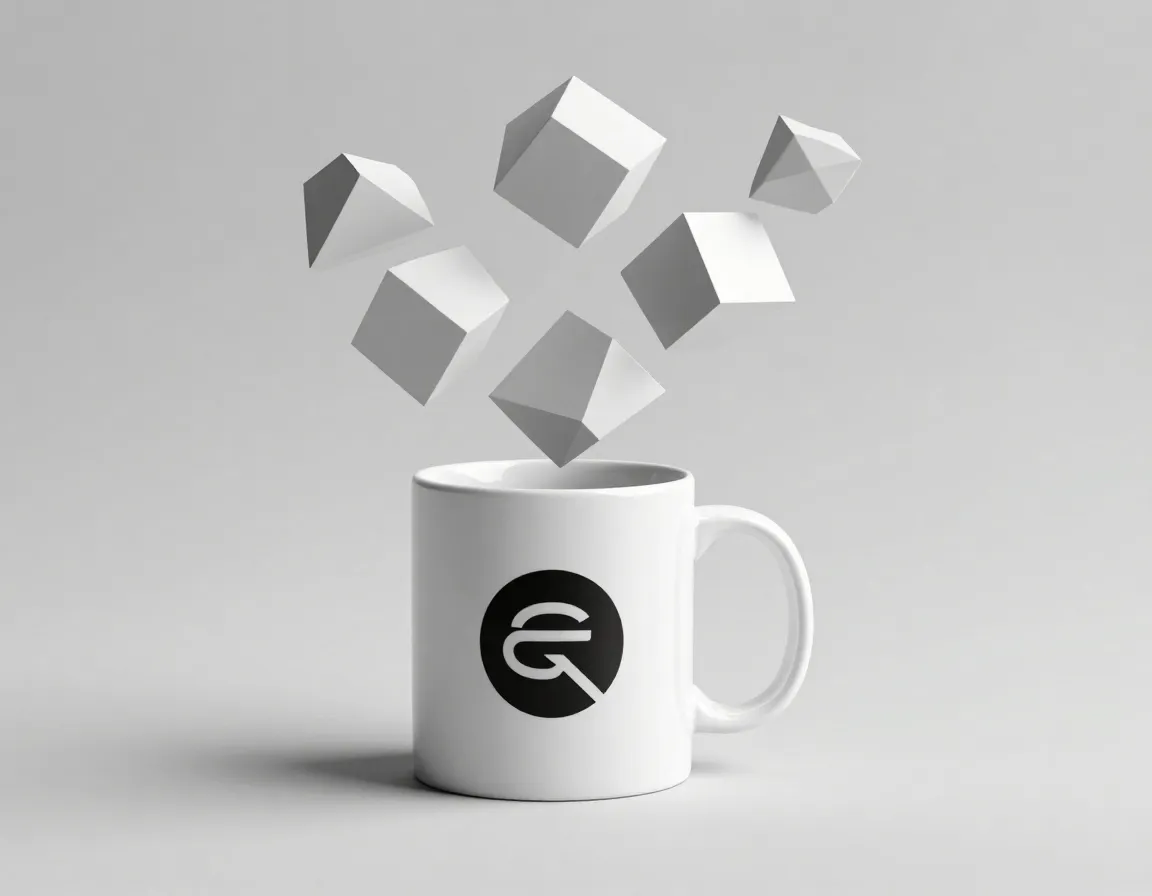 Surreal mug design with impossible floating geometric shapes