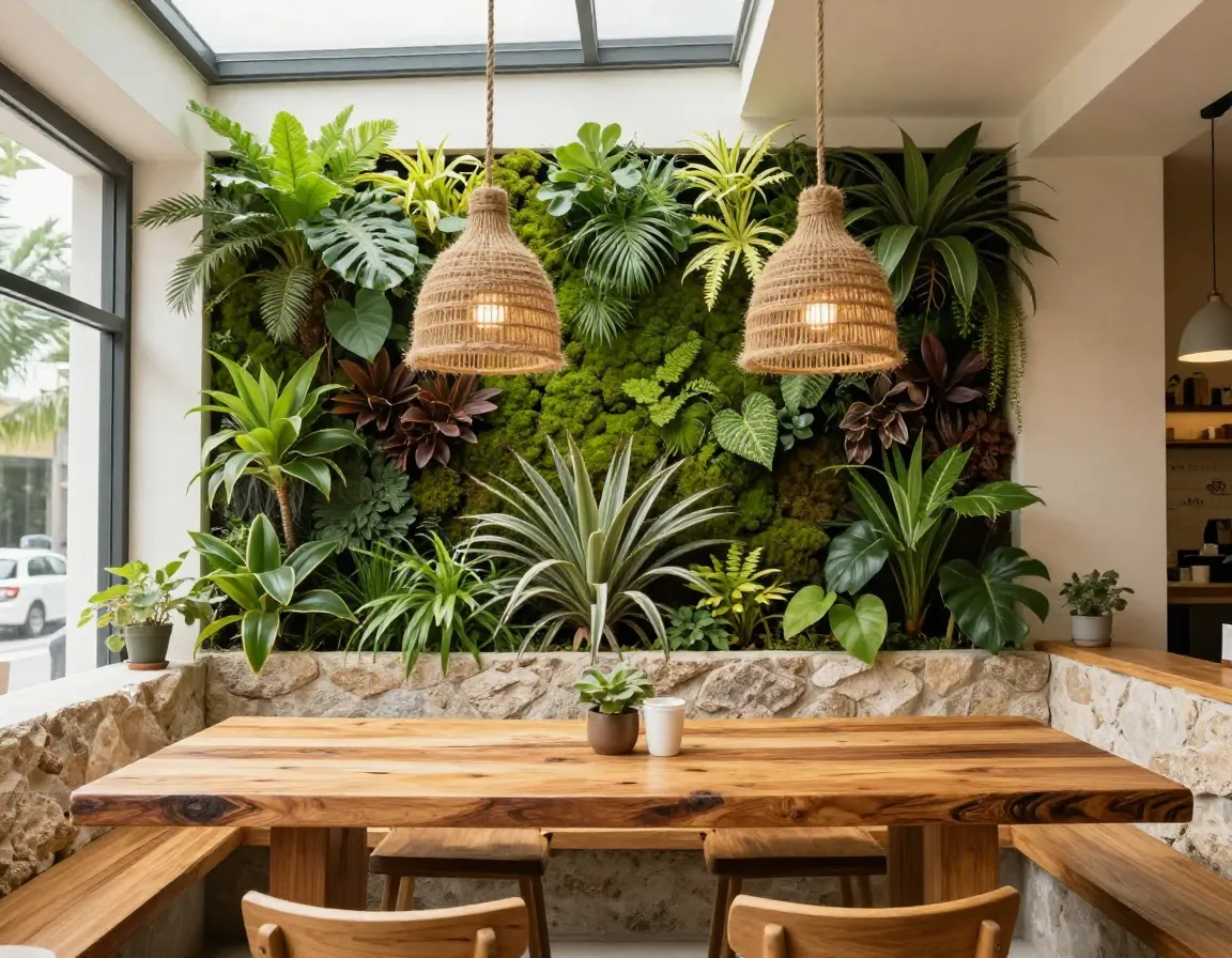 Cafe with living plant wall and natural wood stone materials biophilic design