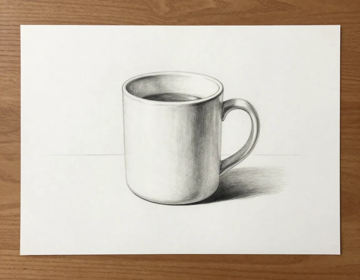 Completed coffee mug drawing with a simple surface line and cast shadow