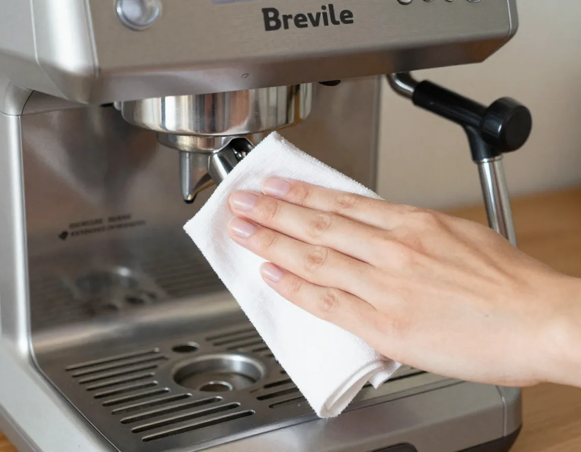 Hand wiping breville barista pro steam wand with a damp cloth