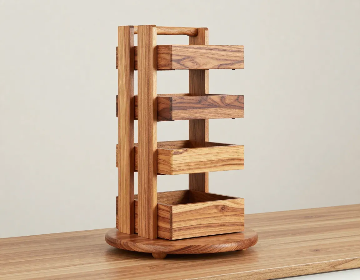 Multi level acacia wood tea tower with rotating base on narrow counter
