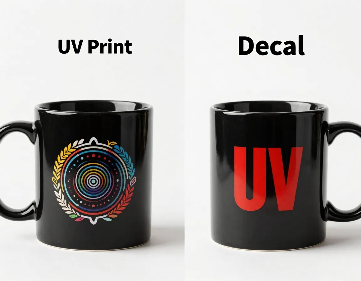 Side by side comparison of uv print and decal logo applications
