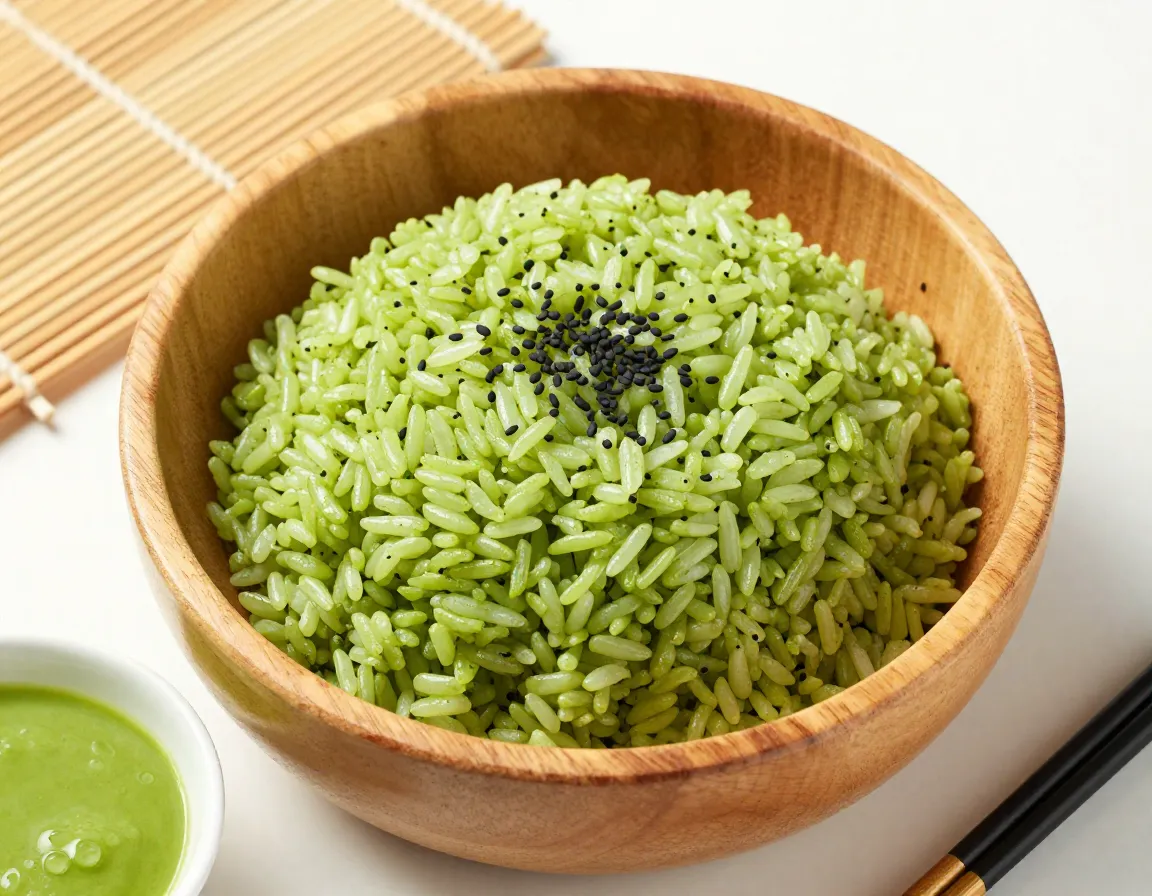 Vibrant green matcha sushi rice in wooden sushi bowl