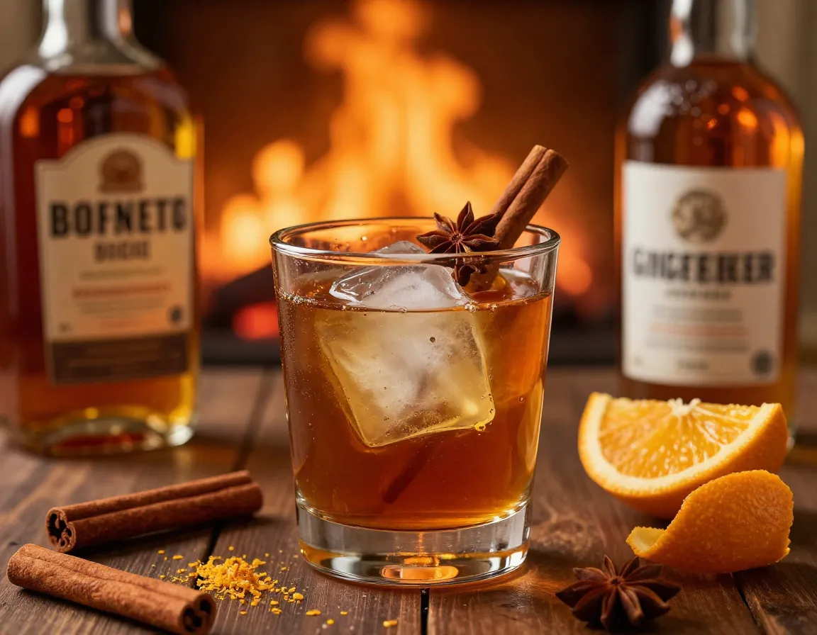 Winter spiced bourbon and amaretto cocktail with cinnamon and orange