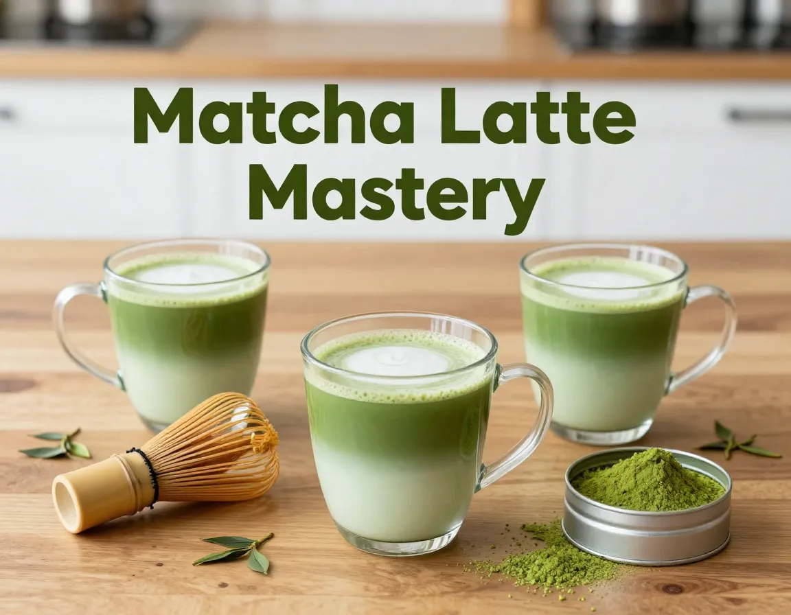 Vibrant matcha lattes whisk powder wooden table overhead flat lay