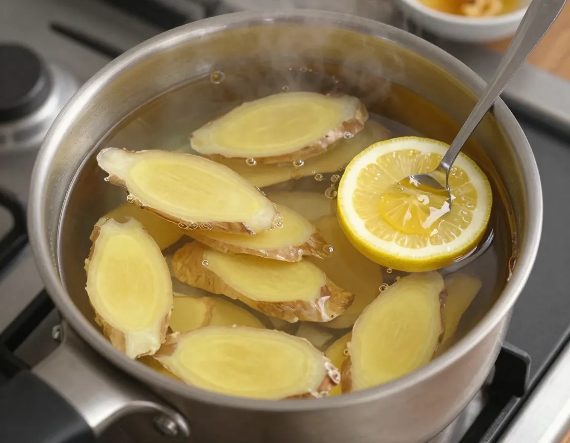 Classic fresh ginger tea slices simmering in saucepan with lemon honey