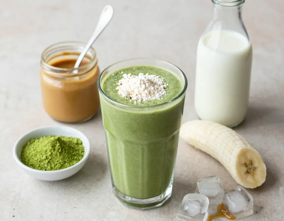 Classic vanilla matcha recovery shake in a glass with garnish