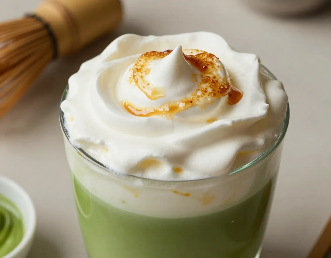 Cloud matcha latte with whipped cream caramelized foam topping