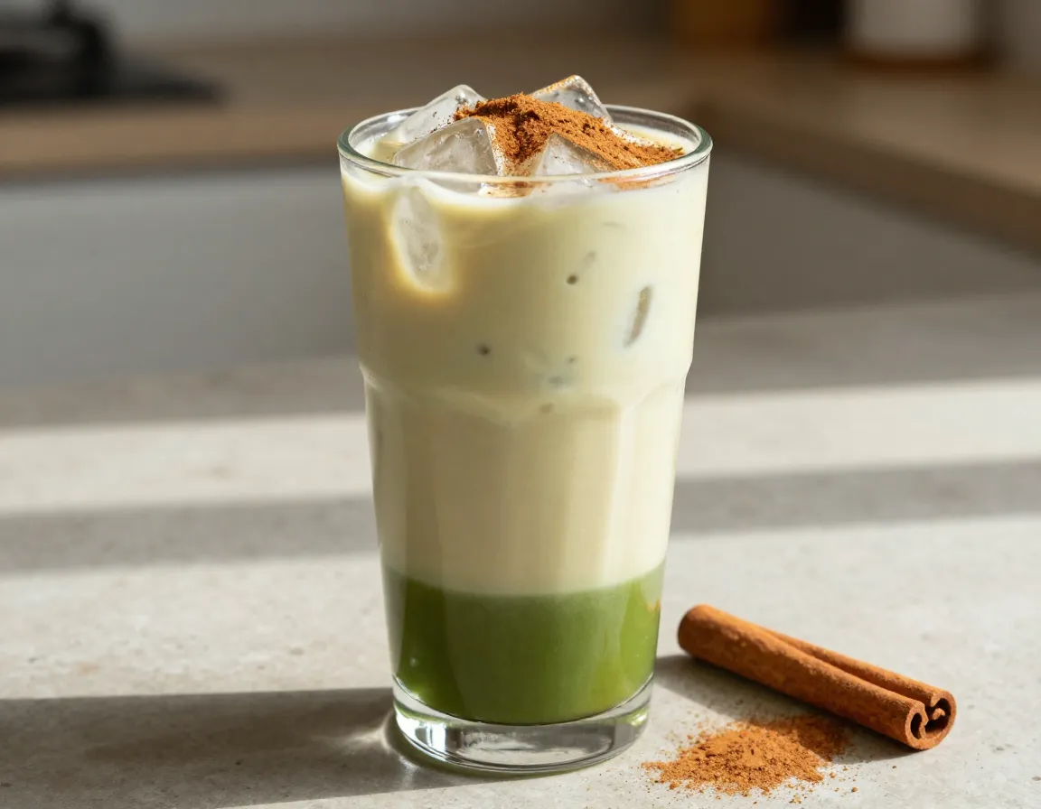 Horchata matcha fusion with cinnamon and nutmeg over ice