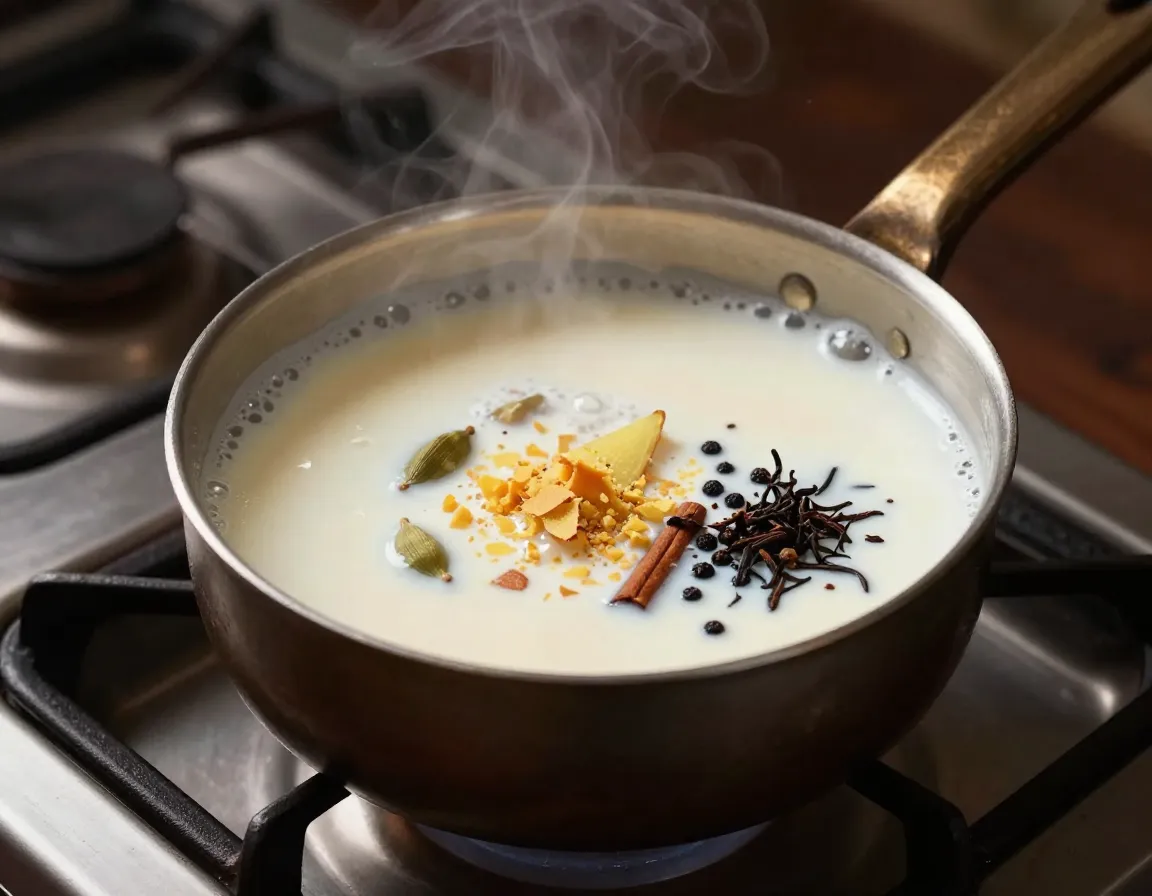 Indian masala chai ginger spices boiling in milk on stove