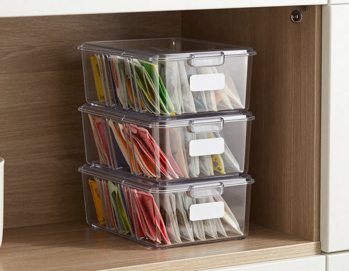 Stackable clear acrylic dispensers holding tea bags in cabinet