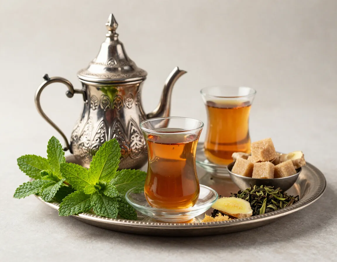 Moroccan ginger mint tea in traditional teapot with sugar