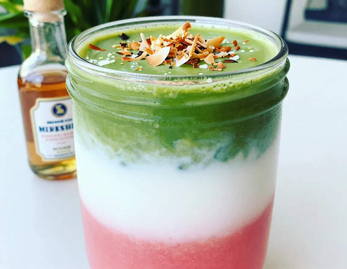 Tropical guava matcha paradise with coconut milk layers