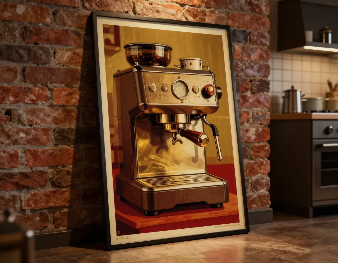 Vintage espresso machine poster with warm gold and red colors