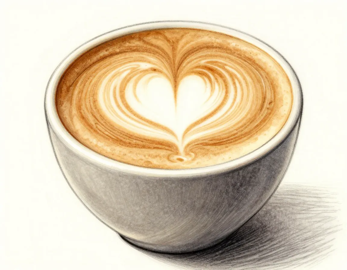 Wide latte art cup with heart foam pattern and shading