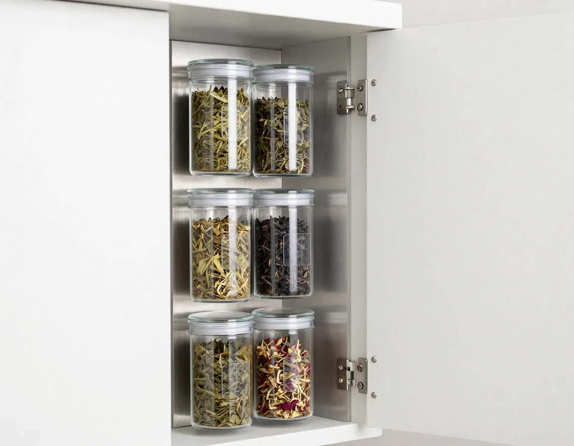 Magnetic spice jars with loose leaf tea on a cabinet door