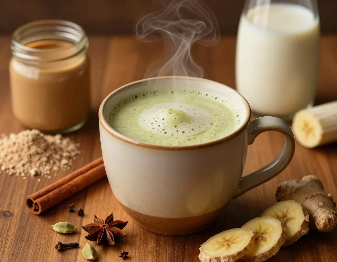 Vanilla chai matcha protein delight with spices in a mug