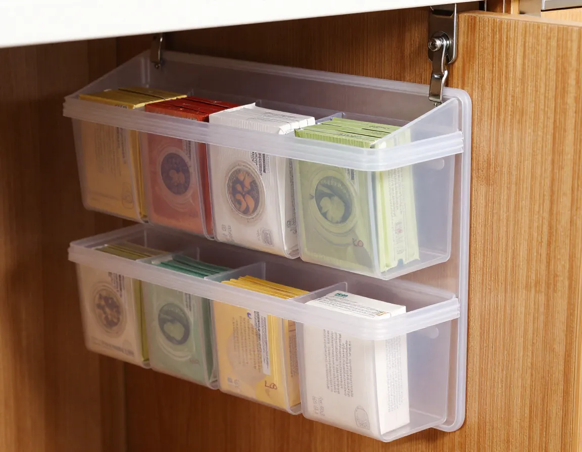 Clear pocket over the door organizer holding tea boxes