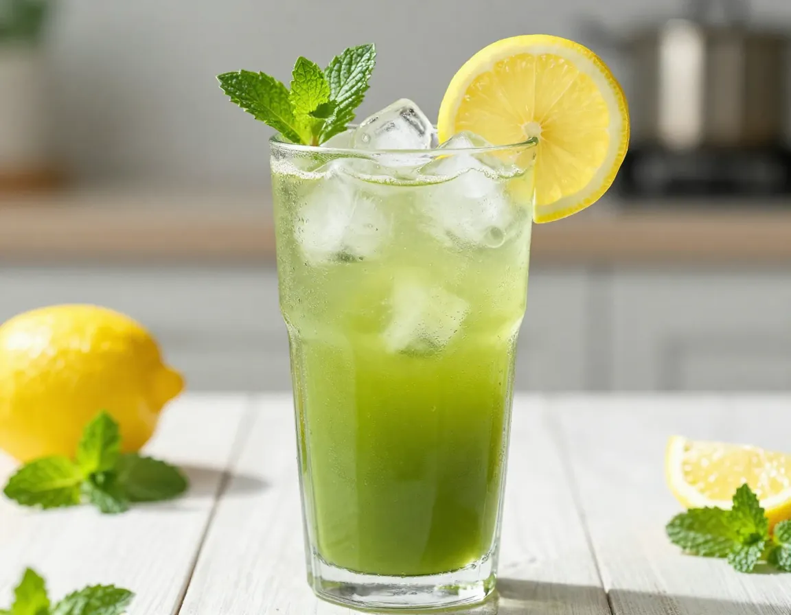 Iced matcha lemonade refresher with fresh mint and lemon wheel