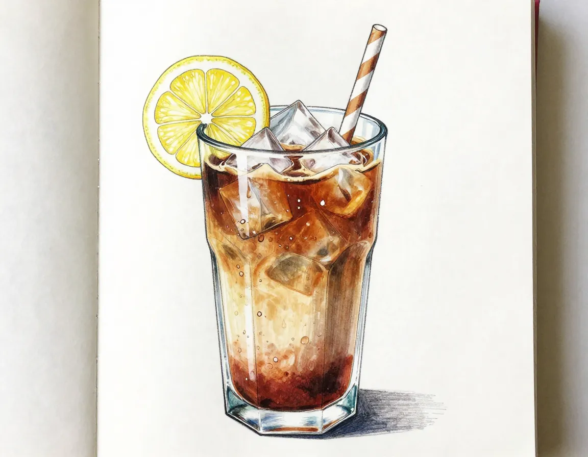 Tall iced coffee glass with ice cubes straw and condensation