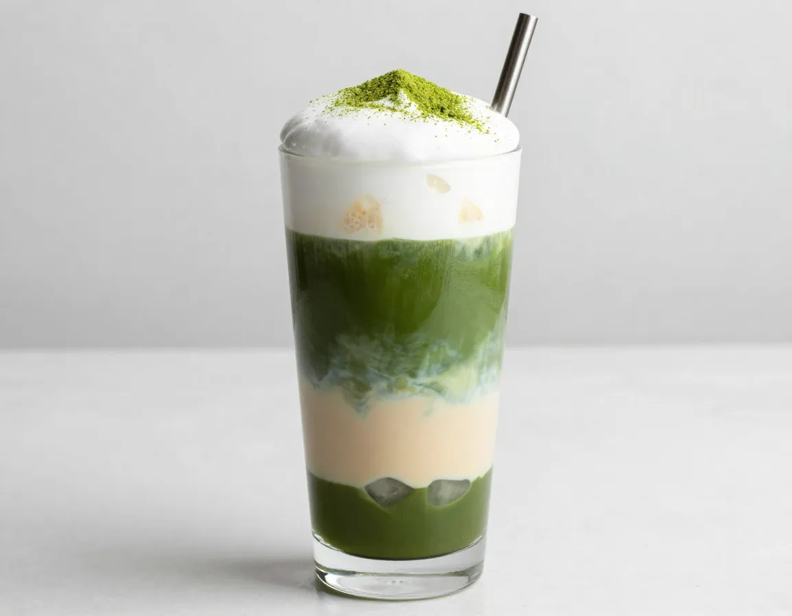 Cold foam layered matcha masterpiece in a tall glass