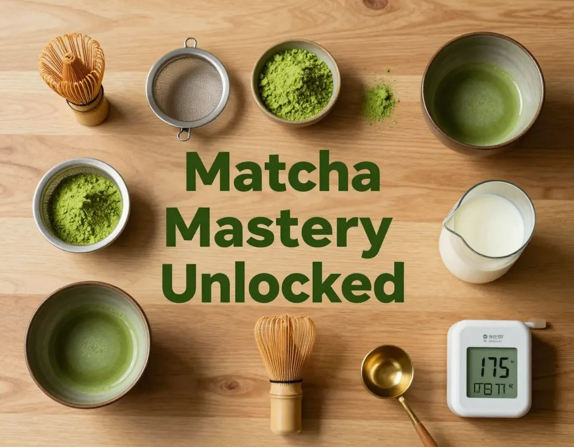 Bamboo whisk matcha sifter bowl frother thermometer flat lay