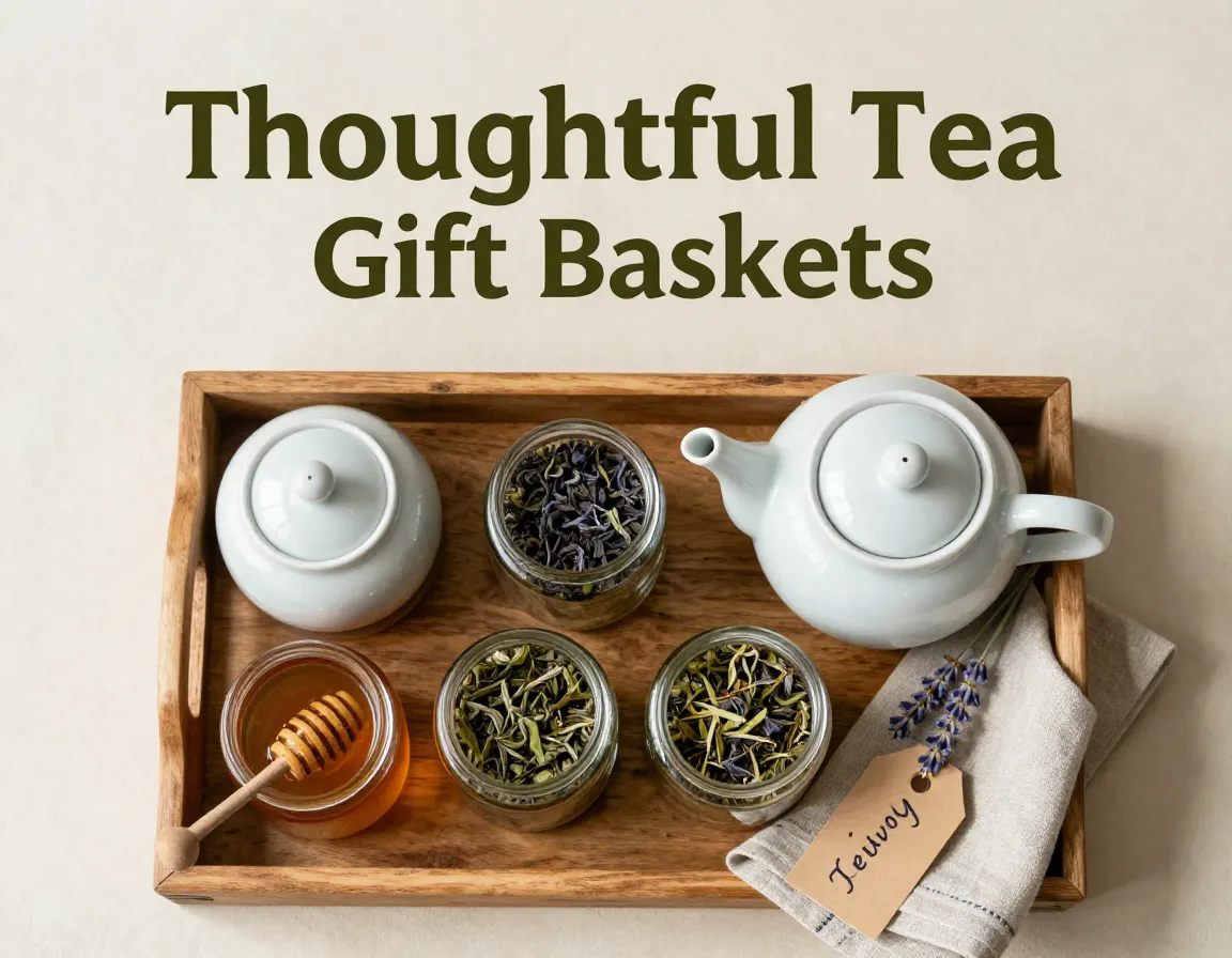 Curated tea gift basket flatlay with teapot jars and honey