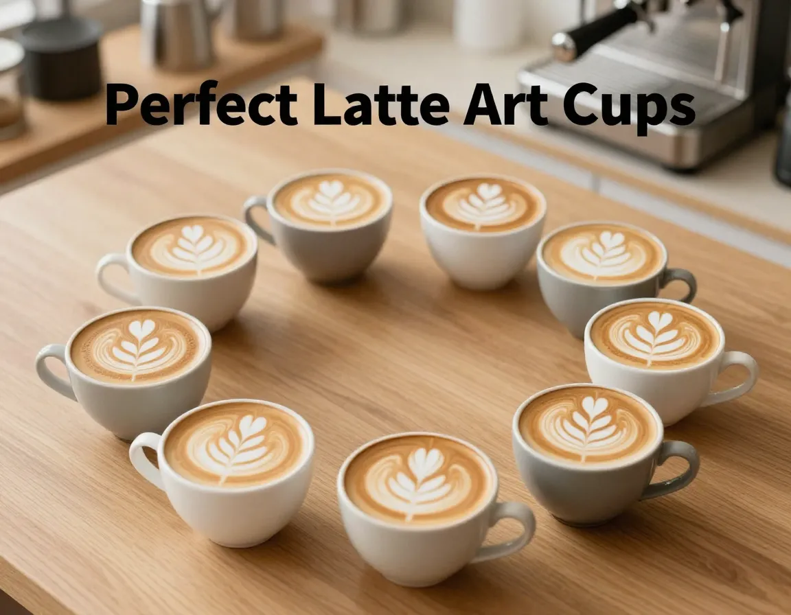 Eight perfect latte art cups overhead flat lay wood surface