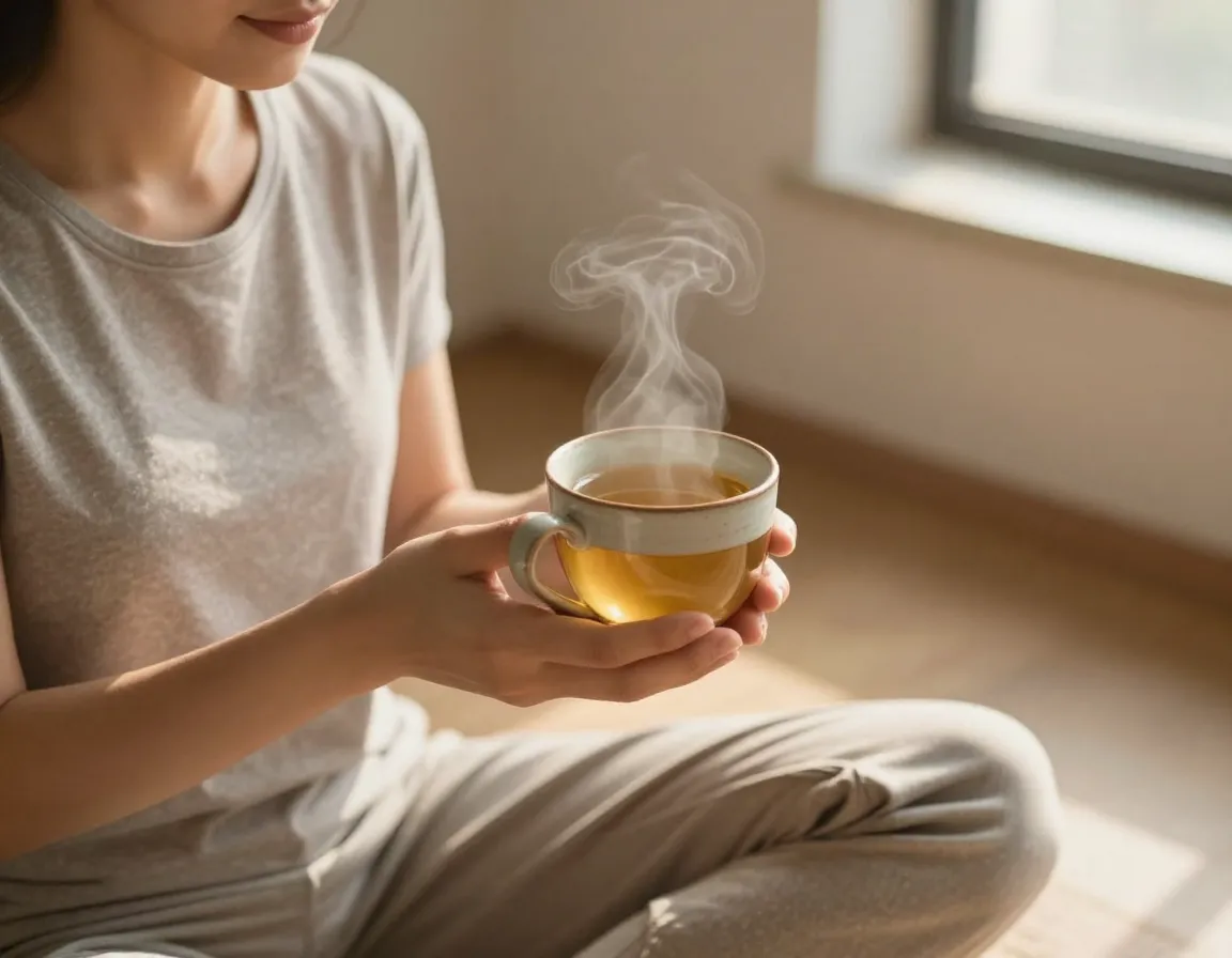 Relaxed person meditating with steaming tulsi tea at sunrise