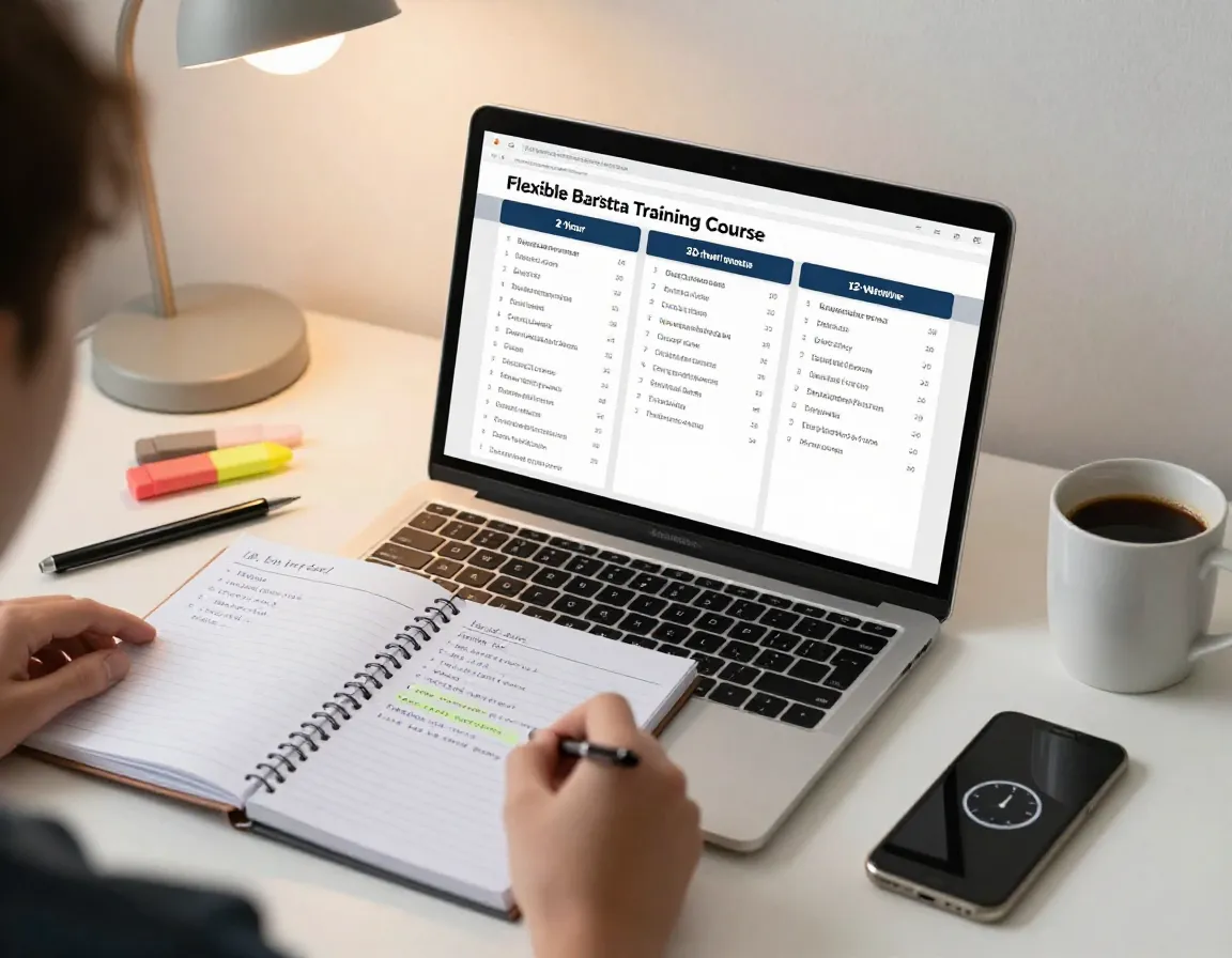 Student comparing flexible barista training course schedules on digital calendar