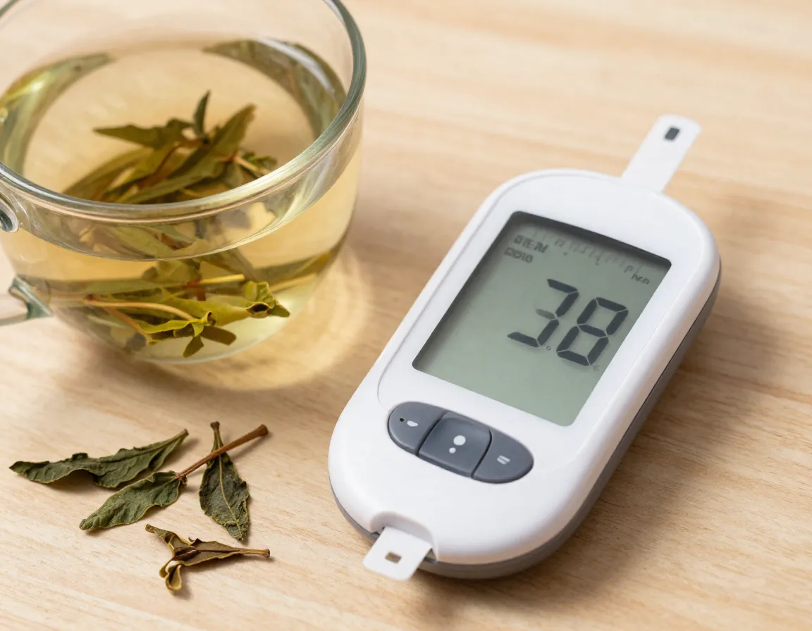 Close up of tulsi tea steeping next to a blood glucose monitor