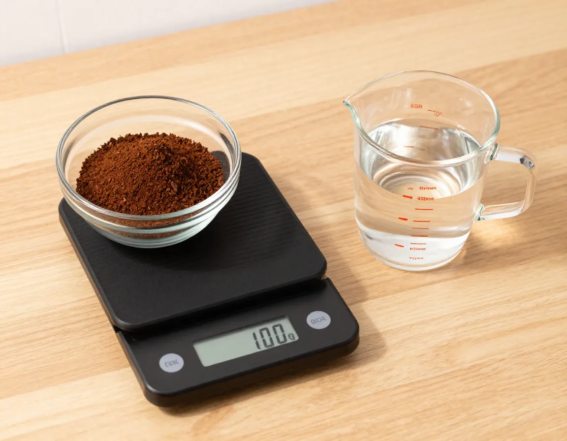 Kitchen scale measuring coffee and water in precise one to four ratio