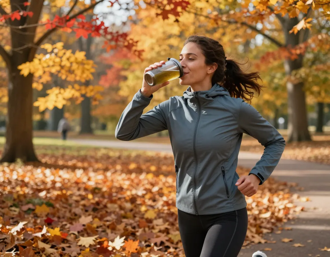 Person drinking tulsi tea while healthy and active outdoors in autumn