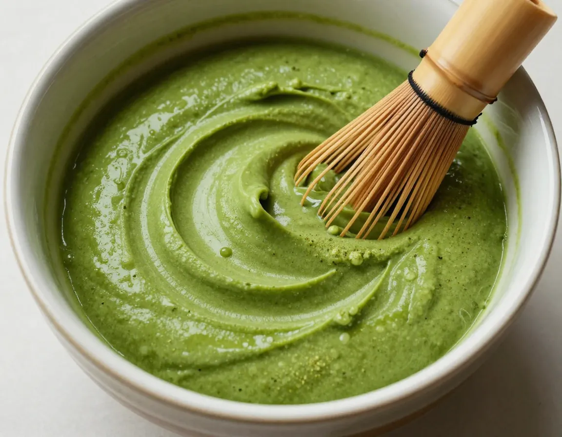 Thick vibrant green matcha paste in a ceramic bowl