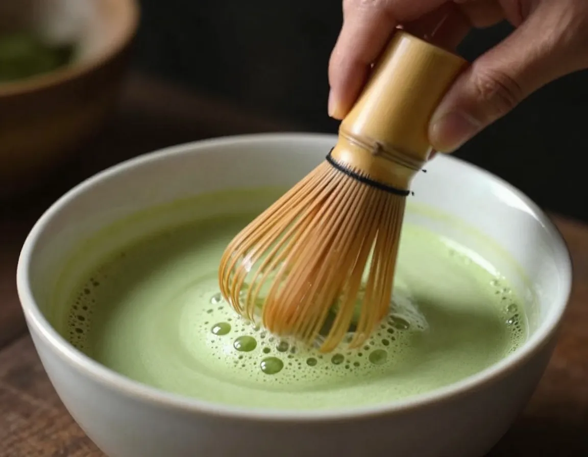 Bamboo whisk performing w motion in matcha bowl