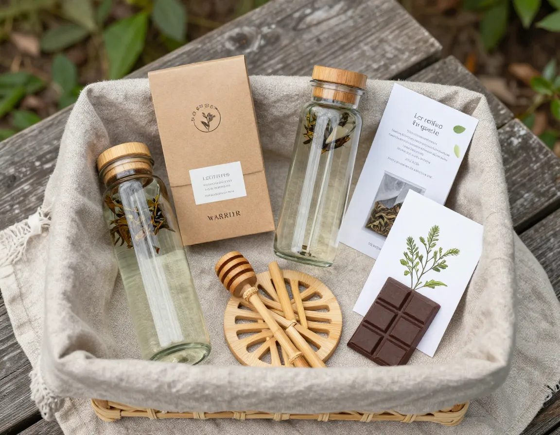 Eco friendly wellness warrior basket with glass bottles and bamboo