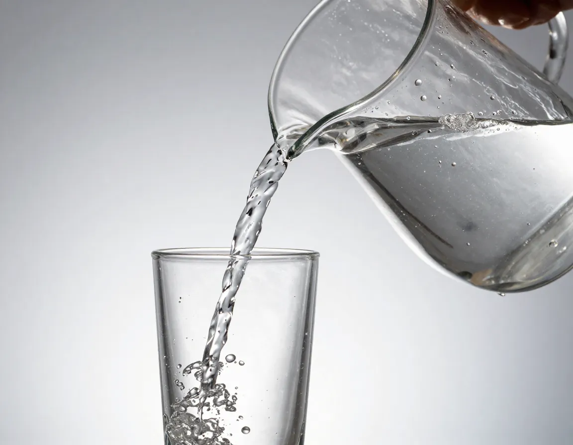 Filtered water being poured from a pitcher into a clear glass