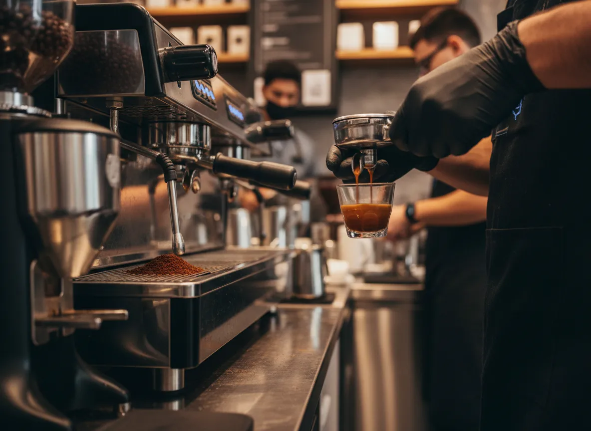 Hands on practice commercial espresso machine grinder student pulling shot