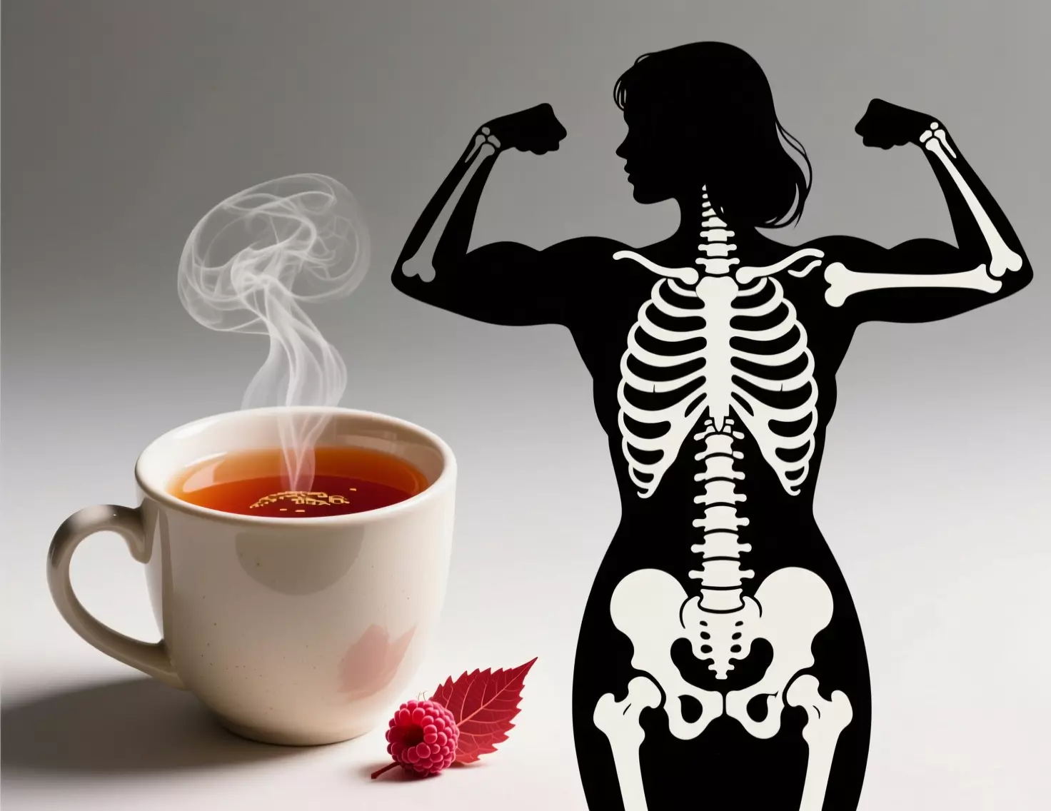 A cup of tea beside a silhouette of a strong female spine